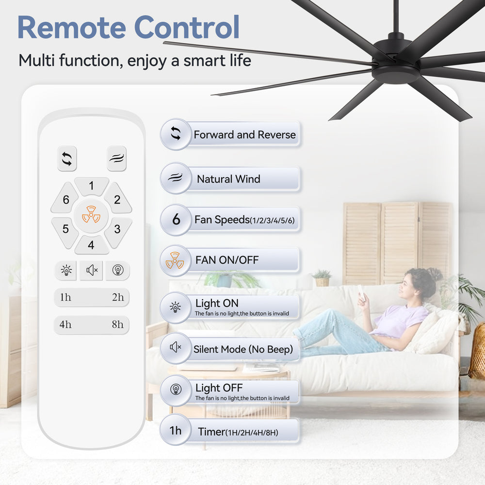 Large 84-inch 8-Blade Black Ceiling Fan with Remote without Light,6",12" and 24" Downrods Included