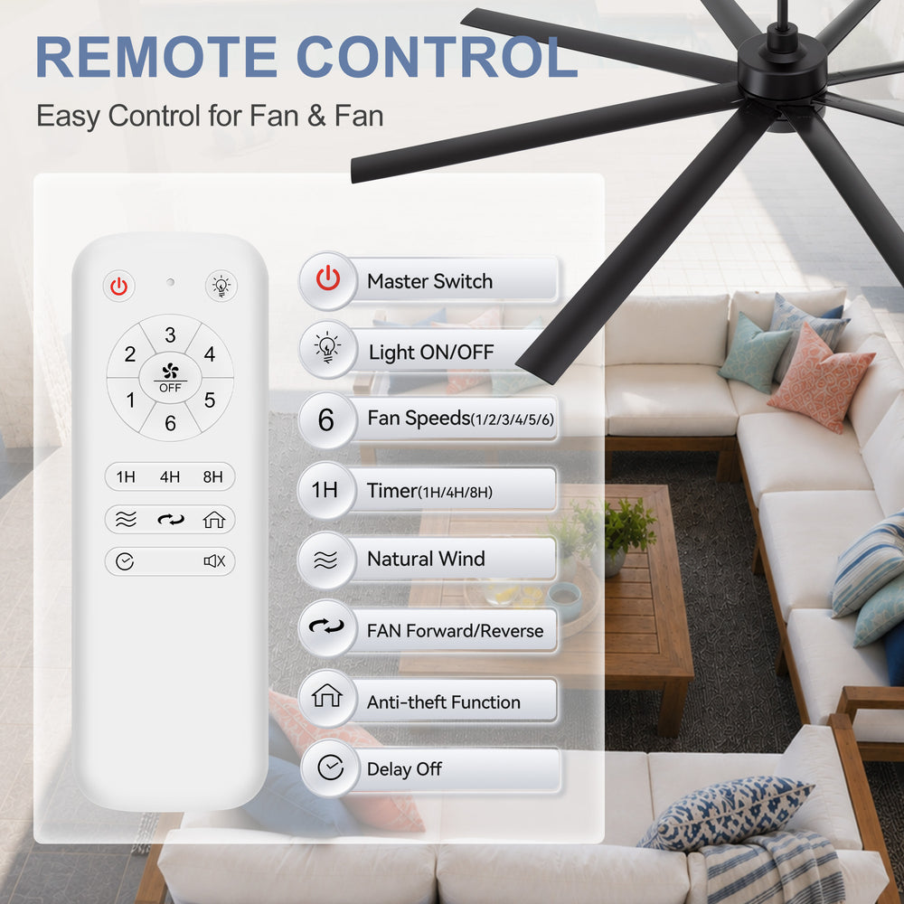 AeroSpan 84-inch 8-blade large black ceiling fan remote control with 6 speeds, light, timer and reverse functions