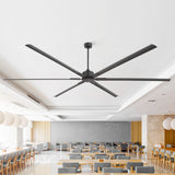 AirForge 120-inch HVLS industrial ceiling fan in black installed in a modern commercial dining space