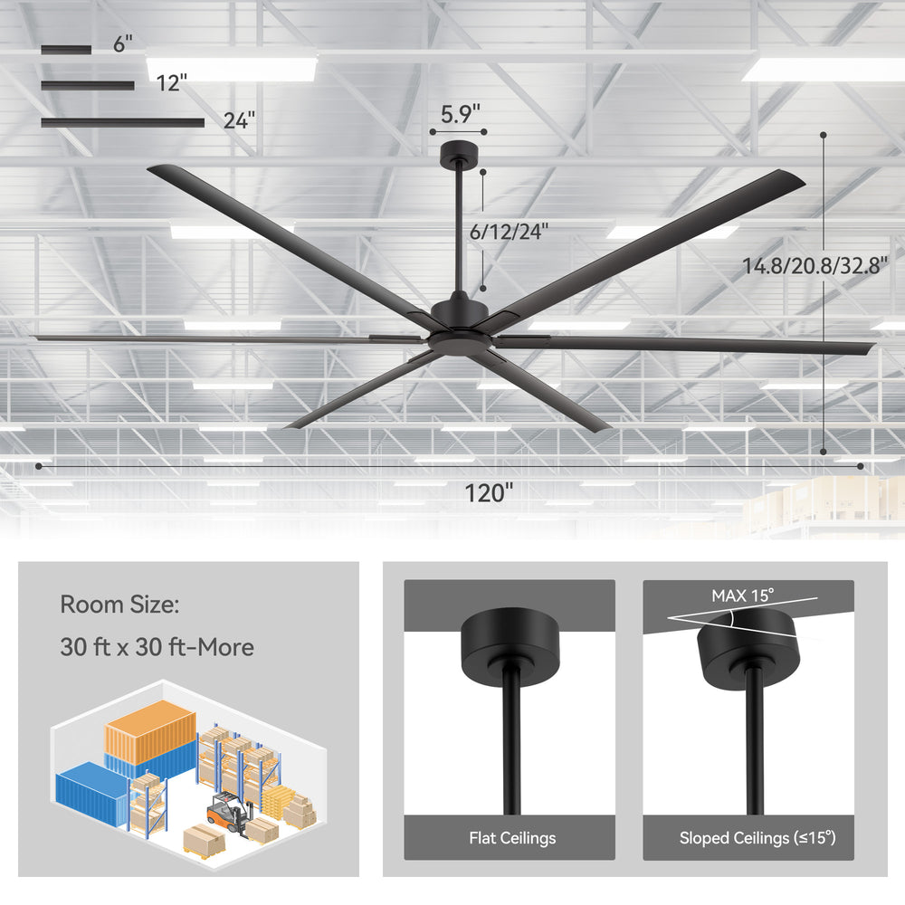 Breezary 120 Inch HVLS Industrial Ceiling Fan with PMSM Motor, 8-Blade Large Ceiling Fan for Warehouse, Gym and Factory - Aluminum No Light