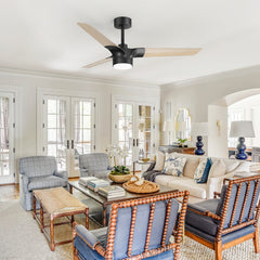 52-inch Matte Black Ceiling Fan with Light, 3 Wood Grain Blades, 22W LED Light, 6-Speed Quiet DC Motor, Remote Control, 3 Color Temps & 6" Downrod Included