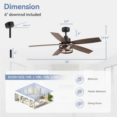 52-inch Farmhouse Caged Ceiling Fan with Light and Remote,5 Reversible Blades and 6" downrod Included