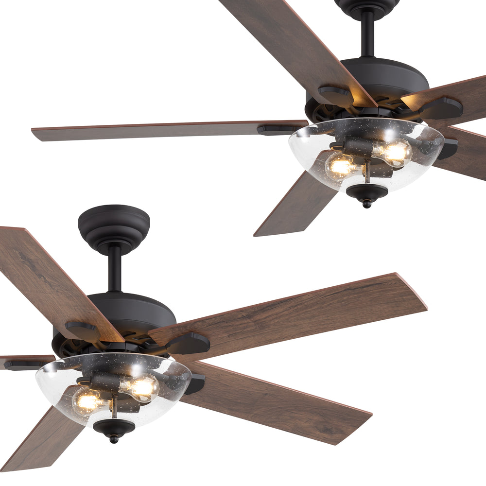 52" Farmhouse Industrial Ceiling Fan with Light, 5 Reversible Wood Grain Blades, DC Motor, Remote Control, 6 Speeds, Forward/Reverse, Matte Black Finish, 6“ Downrod, Glass Lampshade,E26 Bulb Base (2 Bulbs Required, Not Included)