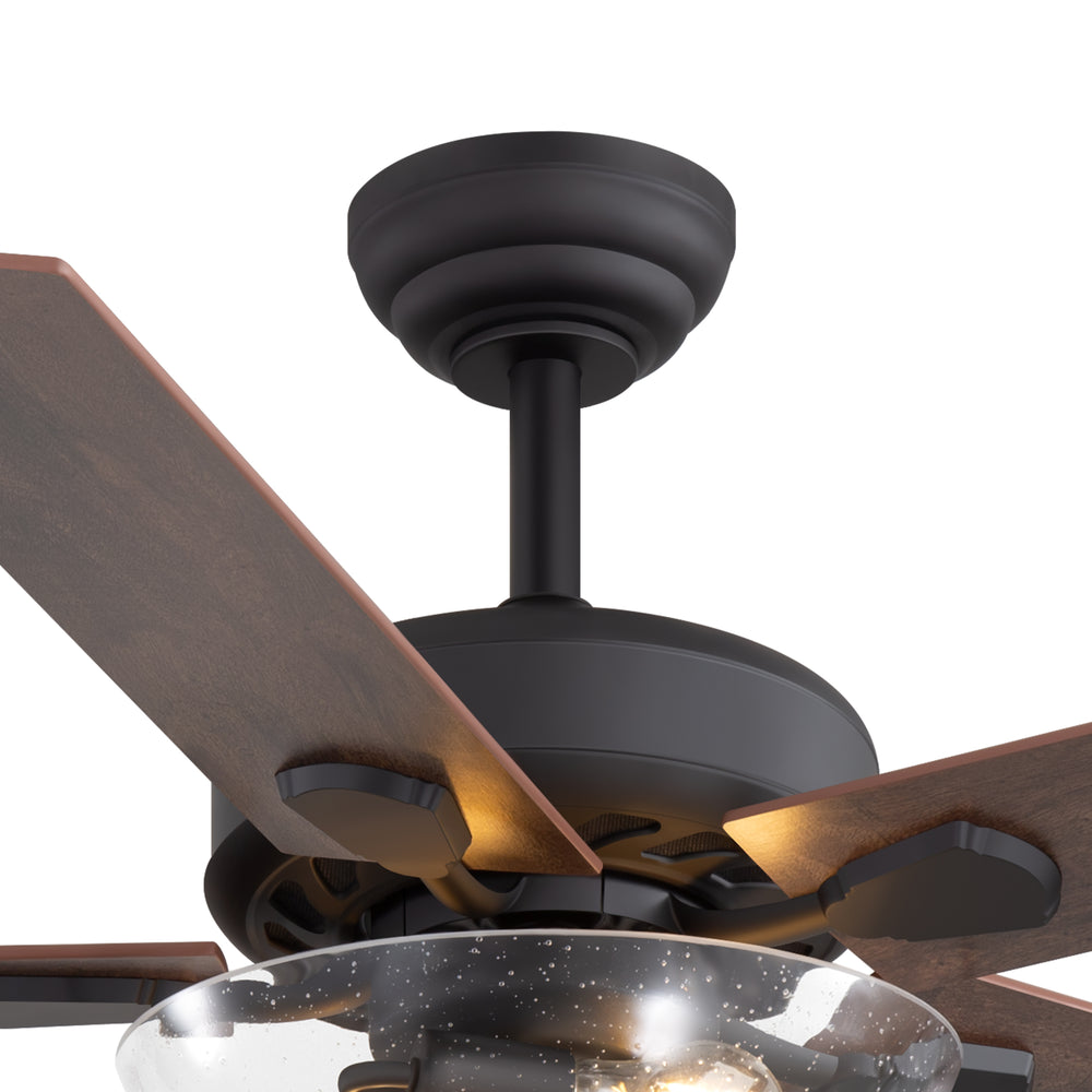 52" Farmhouse Industrial Ceiling Fan with Light, 5 Reversible Wood Grain Blades, DC Motor, Remote Control, 6 Speeds, Forward/Reverse, Matte Black Finish, 6“ Downrod, Glass Lampshade,E26 Bulb Base (2 Bulbs Required, Not Included)