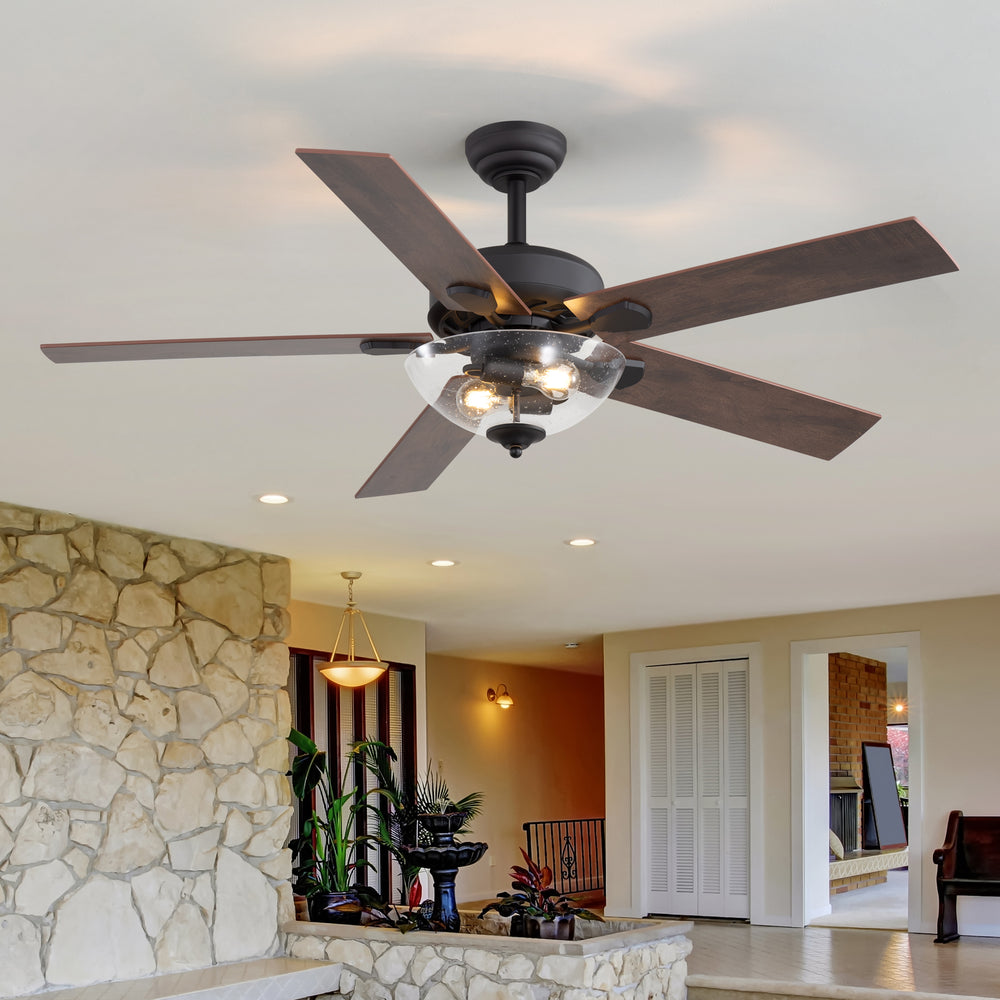 52" Farmhouse Industrial Ceiling Fan with Light, 5 Reversible Wood Grain Blades, DC Motor, Remote Control, 6 Speeds, Forward/Reverse, Matte Black Finish, 6“ Downrod, Glass Lampshade,E26 Bulb Base (2 Bulbs Required, Not Included)