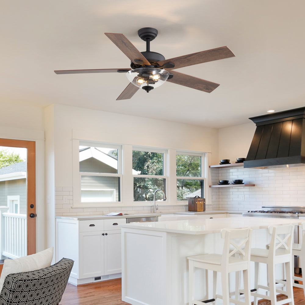 52" Farmhouse Industrial Ceiling Fan with Light, 5 Reversible Wood Grain Blades, DC Motor, Remote Control, 6 Speeds, Forward/Reverse, Matte Black Finish, 6“ Downrod, Glass Lampshade,E26 Bulb Base (2 Bulbs Required, Not Included)