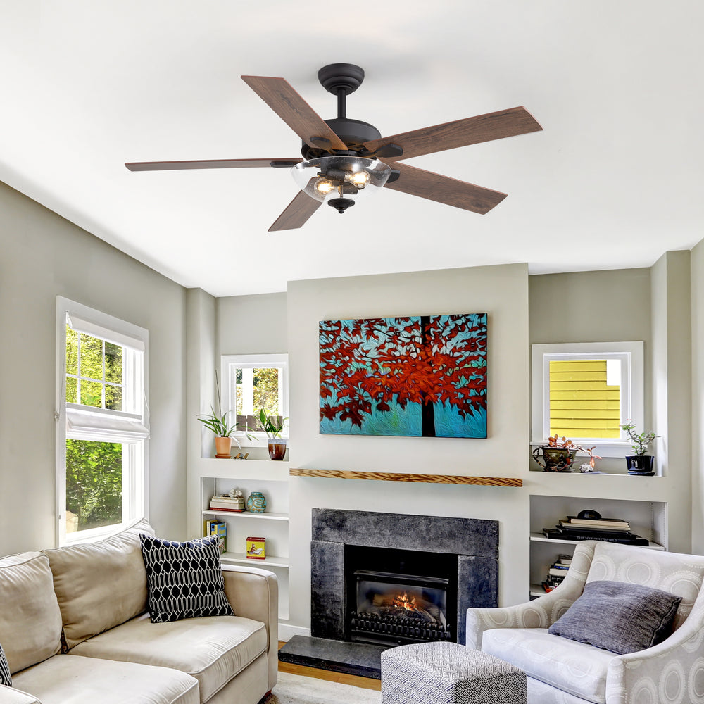 52" Farmhouse Industrial Ceiling Fan with Light, 5 Reversible Wood Grain Blades, DC Motor, Remote Control, 6 Speeds, Forward/Reverse, Matte Black Finish, 6“ Downrod, Glass Lampshade,E26 Bulb Base (2 Bulbs Required, Not Included)