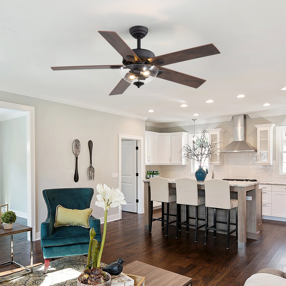 52" Farmhouse Industrial Ceiling Fan with Light, 5 Reversible Wood Grain Blades, DC Motor, Remote Control, 6 Speeds, Forward/Reverse, Matte Black Finish, 6“ Downrod, Glass Lampshade,E26 Bulb Base (2 Bulbs Required, Not Included)