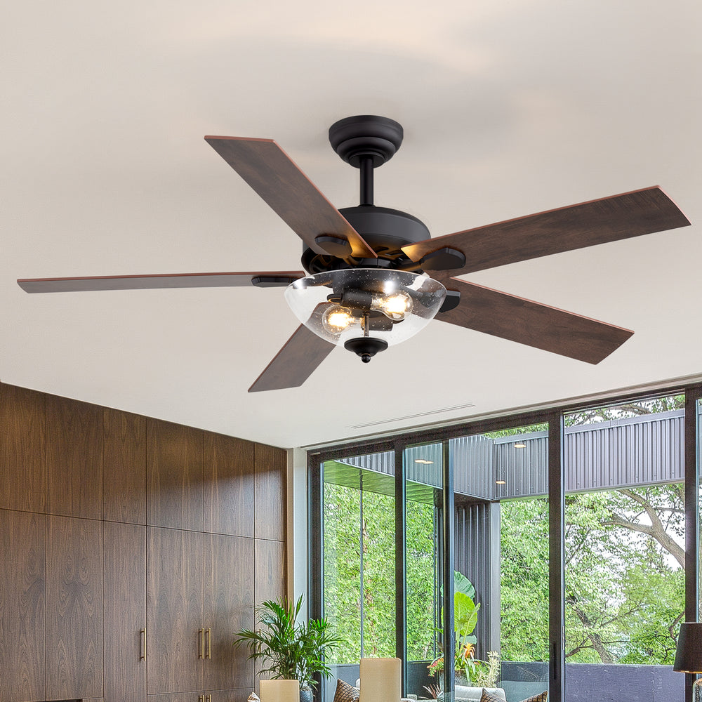 52" Farmhouse Industrial Ceiling Fan with Light, 5 Reversible Wood Grain Blades, DC Motor, Remote Control, 6 Speeds, Forward/Reverse, Matte Black Finish, 6“ Downrod, Glass Lampshade,E26 Bulb Base (2 Bulbs Required, Not Included)