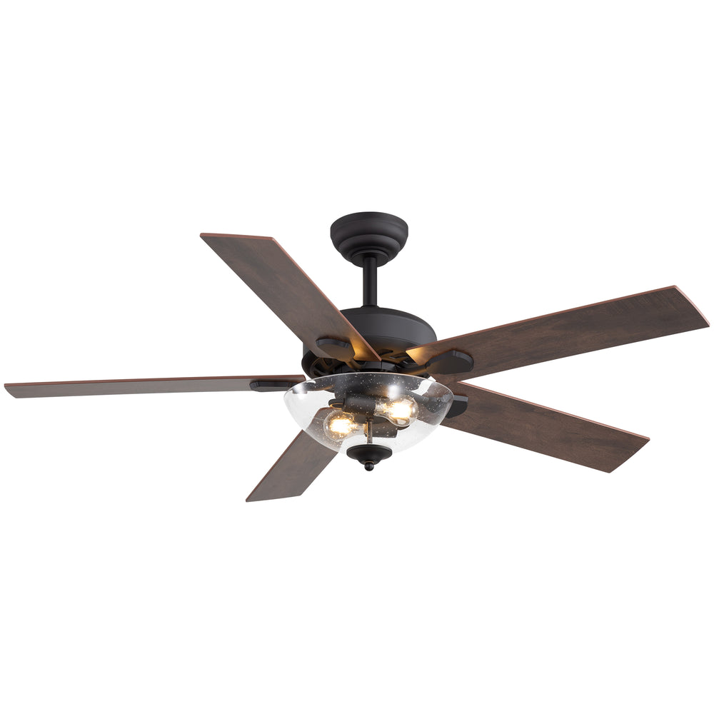 52" Farmhouse Industrial Ceiling Fan with Light, 5 Reversible Wood Grain Blades, DC Motor, Remote Control, 6 Speeds, Forward/Reverse, Matte Black Finish, 6“ Downrod, Glass Lampshade,E26 Bulb Base (2 Bulbs Required, Not Included)