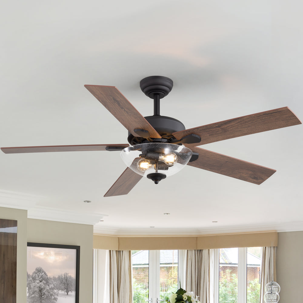 52" Farmhouse Industrial Ceiling Fan with Light, 5 Reversible Wood Grain Blades, DC Motor, Remote Control, 6 Speeds, Forward/Reverse, Matte Black Finish, 6“ Downrod, Glass Lampshade,E26 Bulb Base (2 Bulbs Required, Not Included)