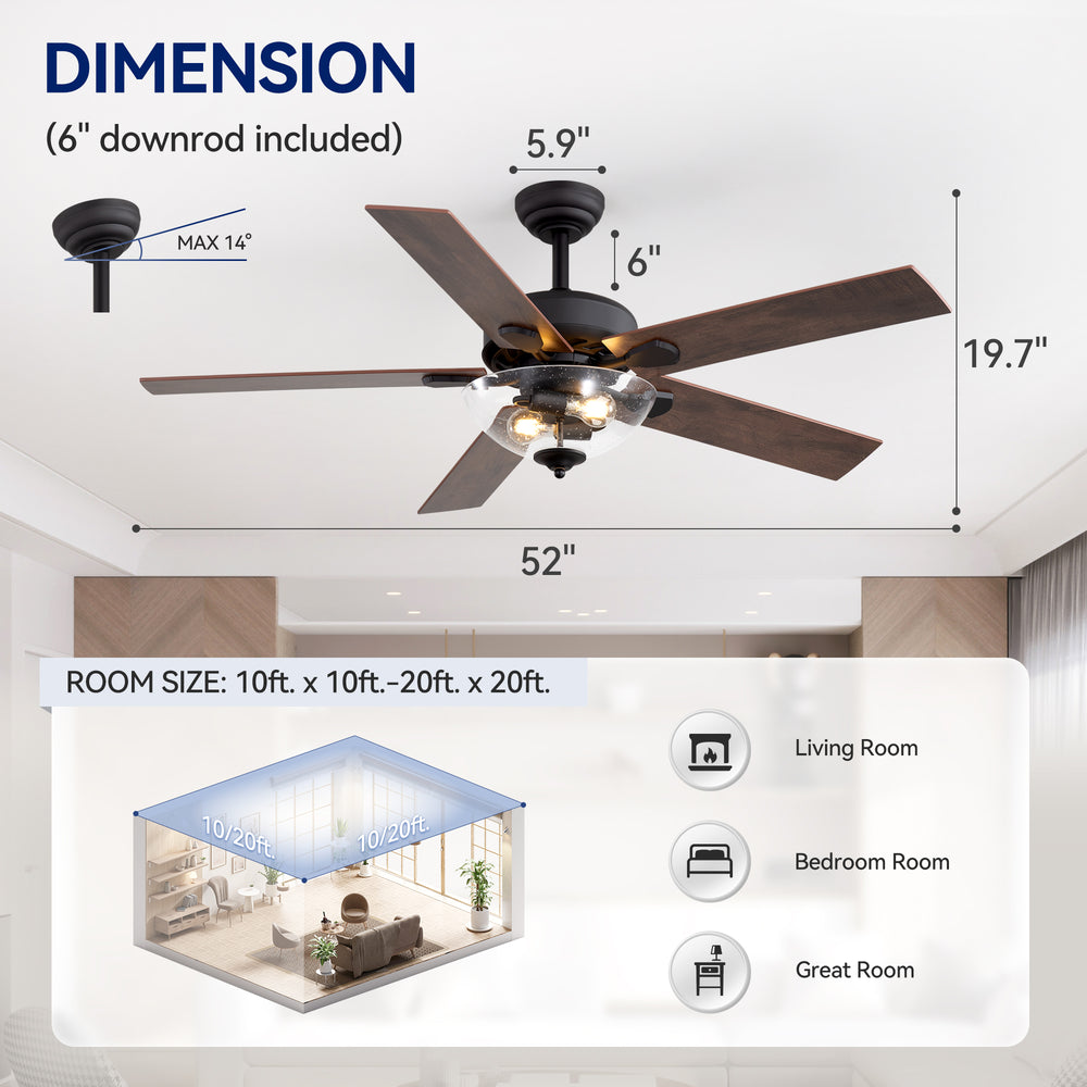 52" Farmhouse Industrial Ceiling Fan with Light, 5 Reversible Wood Grain Blades, DC Motor, Remote Control, 6 Speeds, Forward/Reverse, Matte Black Finish, 6“ Downrod, Glass Lampshade,E26 Bulb Base (2 Bulbs Required, Not Included)