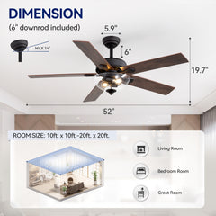52" Farmhouse Industrial Ceiling Fan with Light, 5 Reversible Wood Grain Blades, DC Motor, Remote Control, 6 Speeds, Forward/Reverse, Matte Black Finish, 6“ Downrod, Glass Lampshade,E26 Bulb Base (2 Bulbs Required, Not Included)