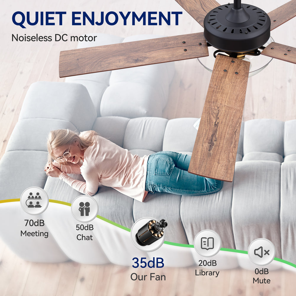 52" Farmhouse Industrial Ceiling Fan with Light, 5 Reversible Wood Grain Blades, DC Motor, Remote Control, 6 Speeds, Forward/Reverse, Matte Black Finish, 6“ Downrod, Glass Lampshade,E26 Bulb Base (2 Bulbs Required, Not Included)