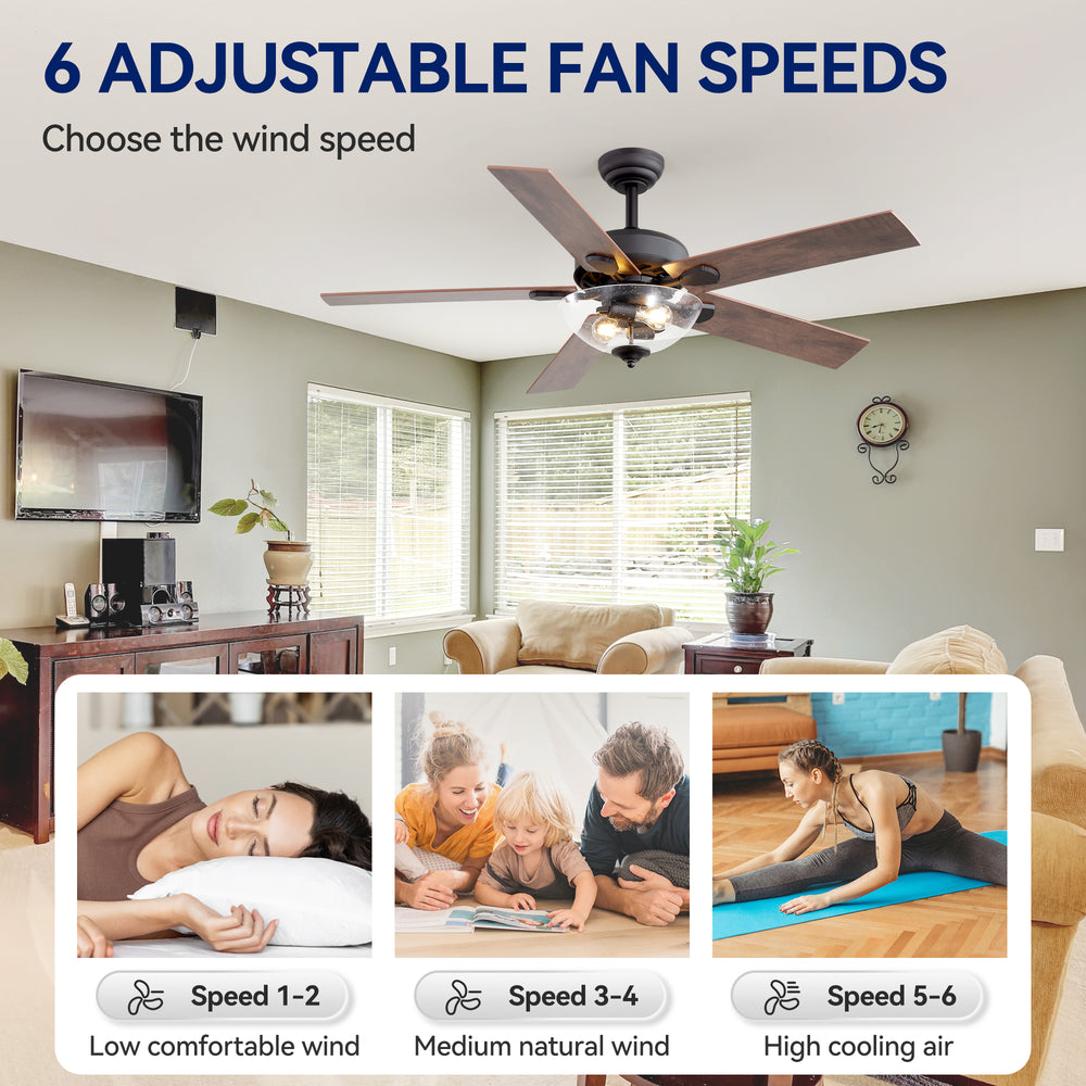 52" Farmhouse Industrial Ceiling Fan with Light, 5 Reversible Wood Grain Blades, DC Motor, Remote Control, 6 Speeds, Forward/Reverse, Matte Black Finish, 6“ Downrod, Glass Lampshade,E26 Bulb Base (2 Bulbs Required, Not Included)