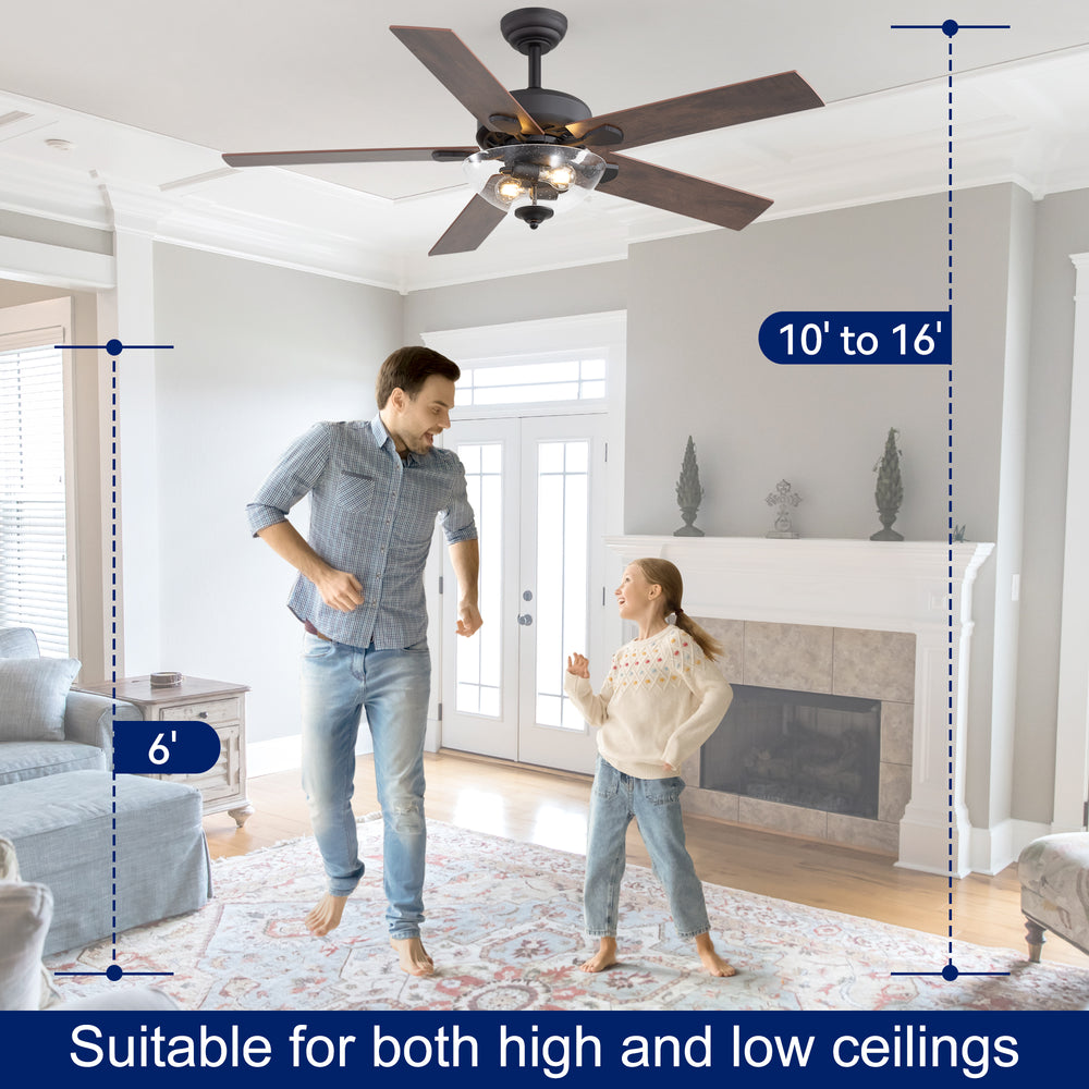 52" Farmhouse Industrial Ceiling Fan with Light, 5 Reversible Wood Grain Blades, DC Motor, Remote Control, 6 Speeds, Forward/Reverse, Matte Black Finish, 6“ Downrod, Glass Lampshade,E26 Bulb Base (2 Bulbs Required, Not Included)