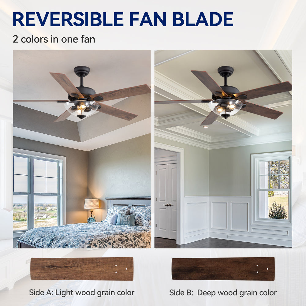 52" Farmhouse Industrial Ceiling Fan with Light, 5 Reversible Wood Grain Blades, DC Motor, Remote Control, 6 Speeds, Forward/Reverse, Matte Black Finish, 6“ Downrod, Glass Lampshade,E26 Bulb Base (2 Bulbs Required, Not Included)