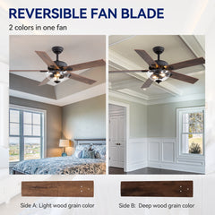 52" Farmhouse Industrial Ceiling Fan with Light, 5 Reversible Wood Grain Blades, DC Motor, Remote Control, 6 Speeds, Forward/Reverse, Matte Black Finish, 6“ Downrod, Glass Lampshade,E26 Bulb Base (2 Bulbs Required, Not Included)