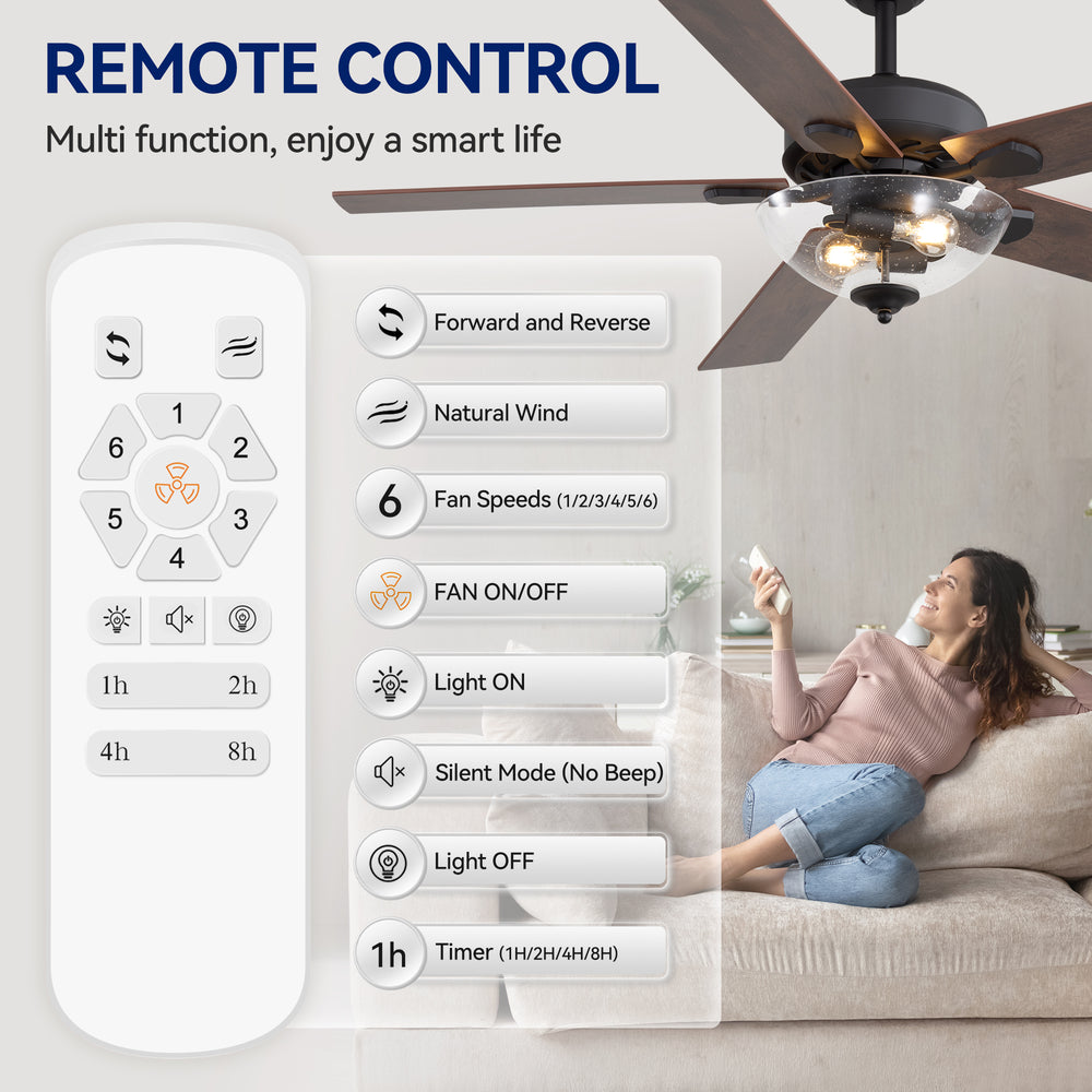 52" Farmhouse Industrial Ceiling Fan with Light, 5 Reversible Wood Grain Blades, DC Motor, Remote Control, 6 Speeds, Forward/Reverse, Matte Black Finish, 6“ Downrod, Glass Lampshade,E26 Bulb Base (2 Bulbs Required, Not Included)