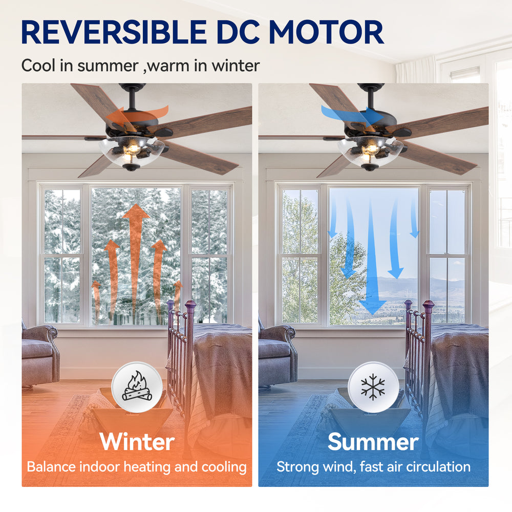 52" Farmhouse Industrial Ceiling Fan with Light, 5 Reversible Wood Grain Blades, DC Motor, Remote Control, 6 Speeds, Forward/Reverse, Matte Black Finish, 6“ Downrod, Glass Lampshade,E26 Bulb Base (2 Bulbs Required, Not Included)