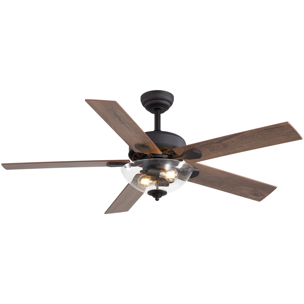 52" Farmhouse Industrial Ceiling Fan with Light, 5 Reversible Wood Grain Blades, DC Motor, Remote Control, 6 Speeds, Forward/Reverse, Matte Black Finish, 6“ Downrod, Glass Lampshade,E26 Bulb Base (2 Bulbs Required, Not Included)