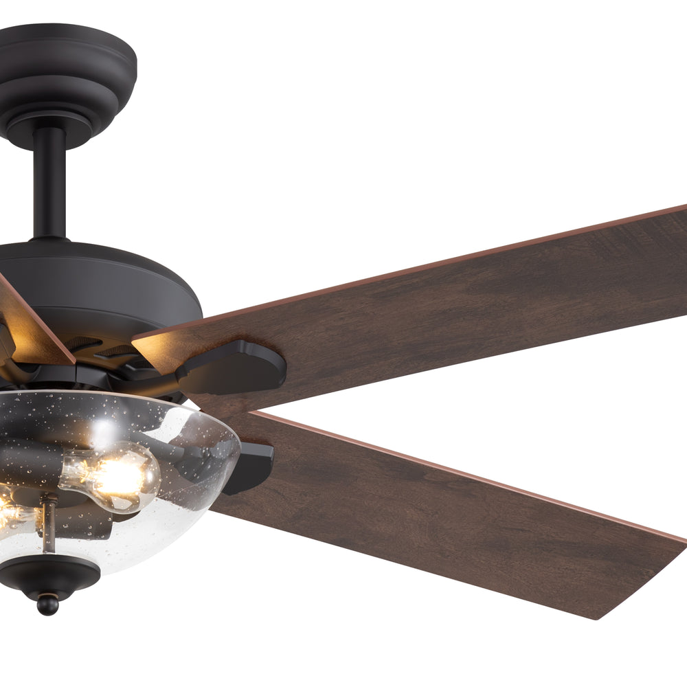 52" Farmhouse Industrial Ceiling Fan with Light, 5 Reversible Wood Grain Blades, DC Motor, Remote Control, 6 Speeds, Forward/Reverse, Matte Black Finish, 6“ Downrod, Glass Lampshade,E26 Bulb Base (2 Bulbs Required, Not Included)