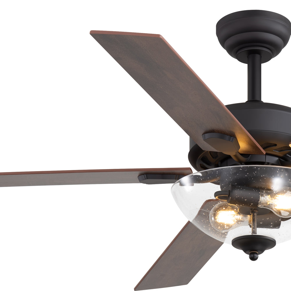 52" Farmhouse Industrial Ceiling Fan with Light, 5 Reversible Wood Grain Blades, DC Motor, Remote Control, 6 Speeds, Forward/Reverse, Matte Black Finish, 6“ Downrod, Glass Lampshade,E26 Bulb Base (2 Bulbs Required, Not Included)