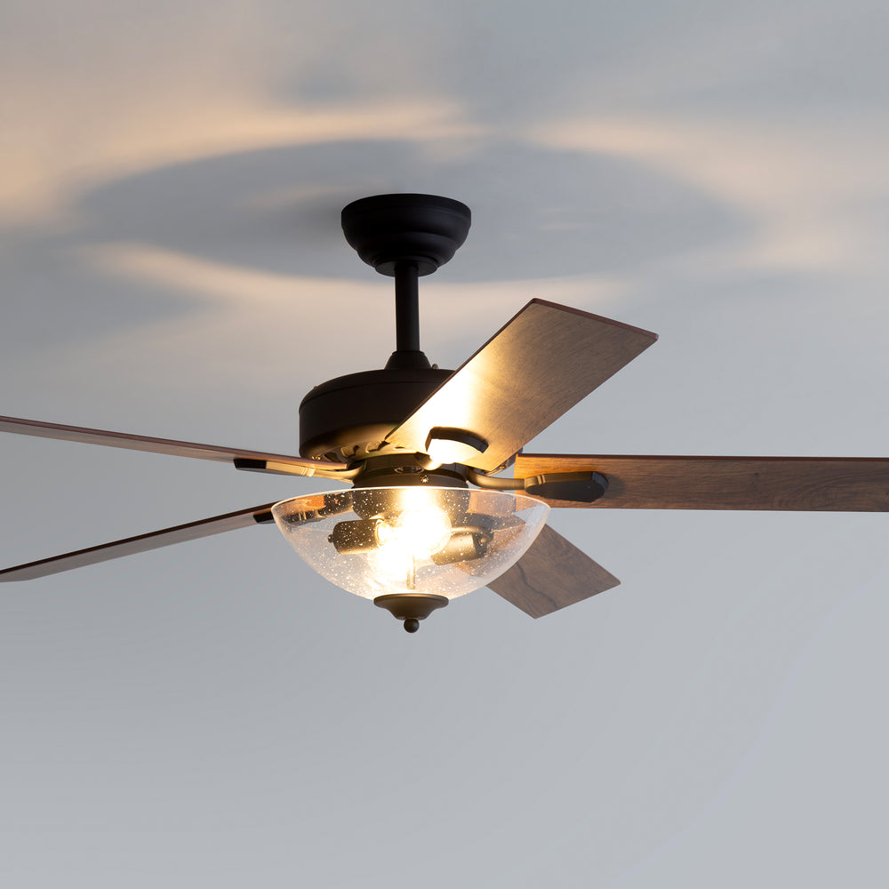 52" Farmhouse Industrial Ceiling Fan with Light, 5 Reversible Wood Grain Blades, DC Motor, Remote Control, 6 Speeds, Forward/Reverse, Matte Black Finish, 6“ Downrod, Glass Lampshade,E26 Bulb Base (2 Bulbs Required, Not Included)