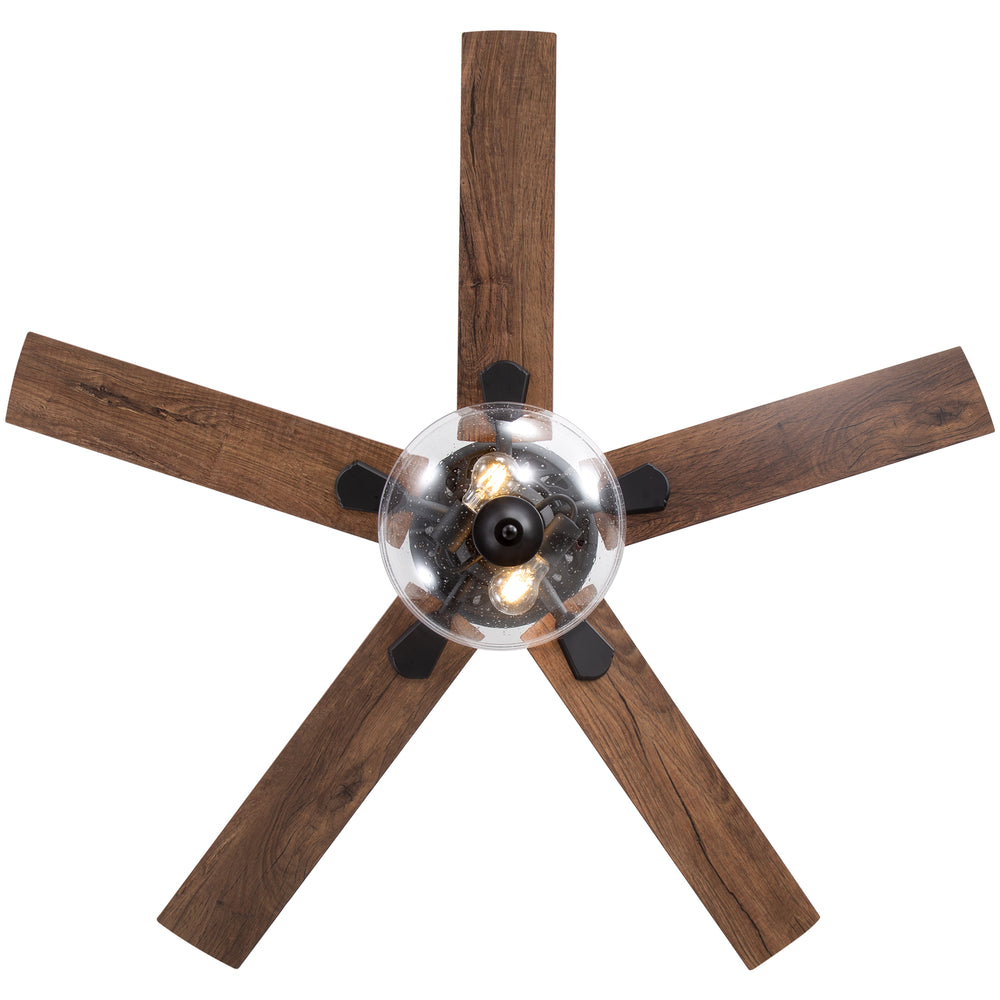 52" Farmhouse Industrial Ceiling Fan with Light, 5 Reversible Wood Grain Blades, DC Motor, Remote Control, 6 Speeds, Forward/Reverse, Matte Black Finish, 6“ Downrod, Glass Lampshade,E26 Bulb Base (2 Bulbs Required, Not Included)