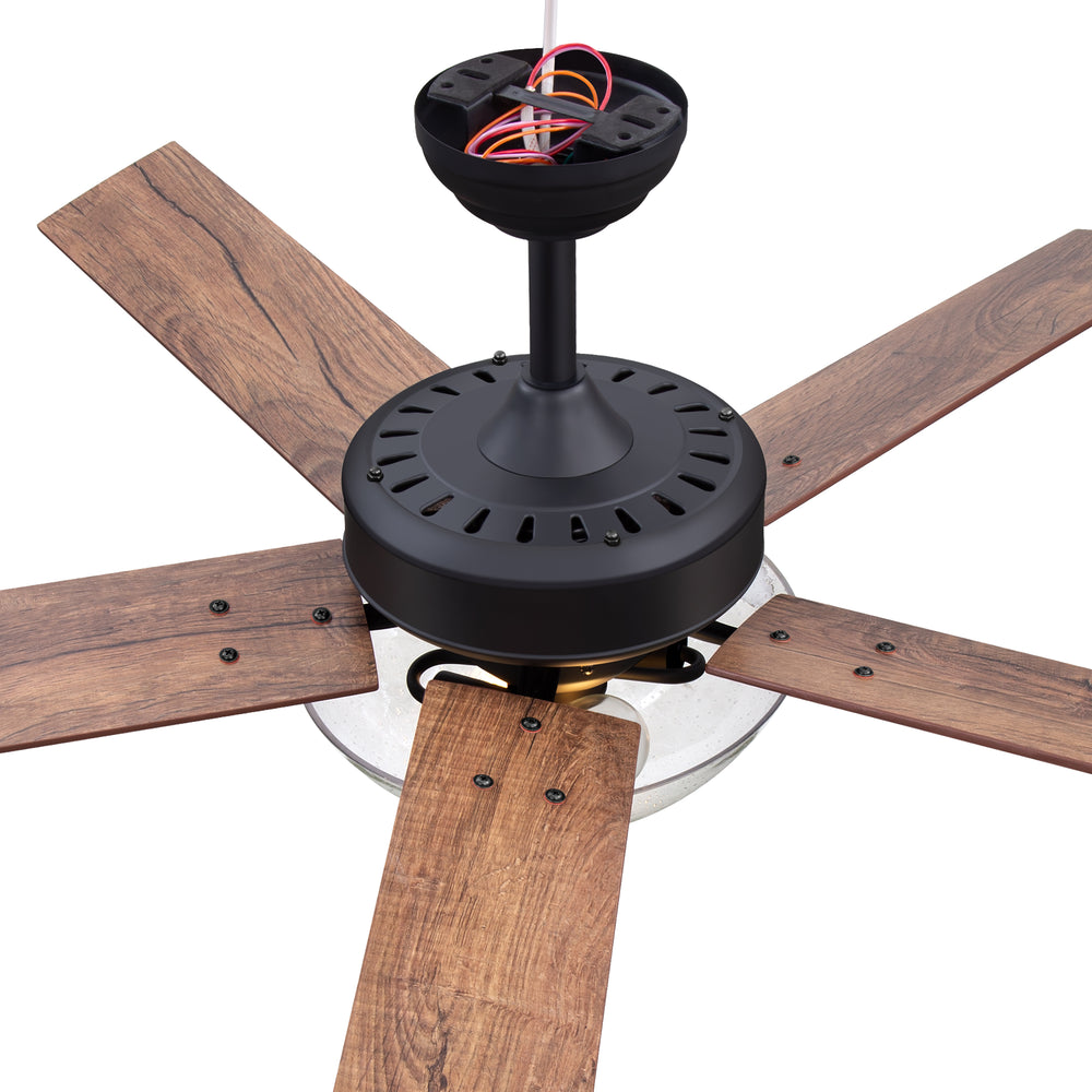 52" Farmhouse Industrial Ceiling Fan with Light, 5 Reversible Wood Grain Blades, DC Motor, Remote Control, 6 Speeds, Forward/Reverse, Matte Black Finish, 6“ Downrod, Glass Lampshade,E26 Bulb Base (2 Bulbs Required, Not Included)