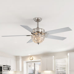 52-inch Chandelier Crystal Ceiling Fan with Light and Remote,5 Reversible Blades and 6" Downrod Included
