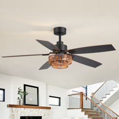 52-inch Farmhouse 5-Blade Ceiling Fan with Light and Remote,5 Reversible Blades and 6" Downrod Included