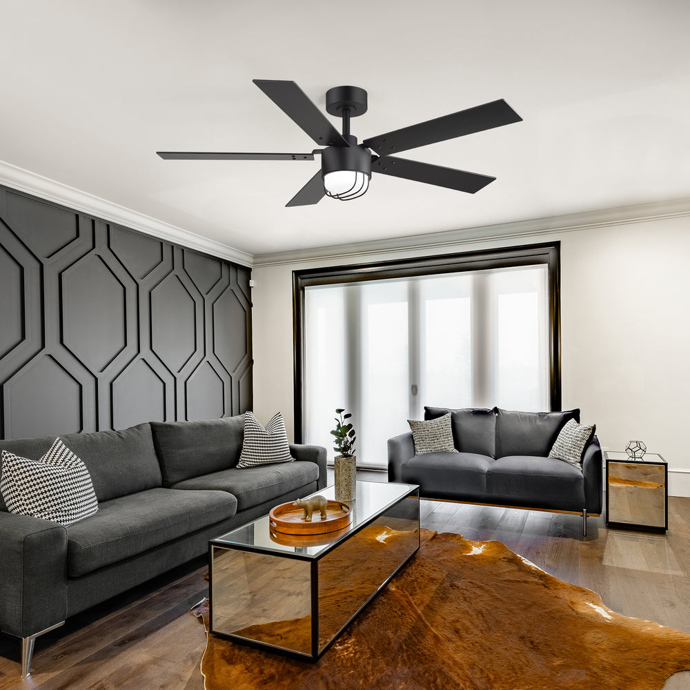 52 Inch Matte Black Ceiling Fan with Light and Remote, Industrial Caged Frosted Glass Shade, 18W LED 3CCT Lighting with Memory Function, 6-Speed Reversible Quiet DC Motor, Timer, 5 Dual-Finish Blades for Bedroom Living Room