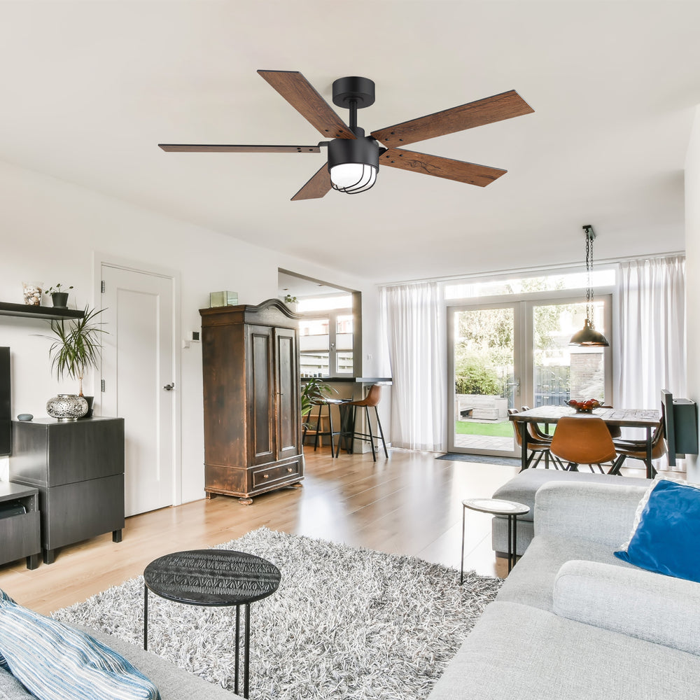 52 Inch Matte Black Ceiling Fan with Light and Remote, Industrial Caged Frosted Glass Shade, 18W LED 3CCT Lighting with Memory Function, 6-Speed Reversible Quiet DC Motor, Timer, 5 Dual-Finish Blades for Bedroom Living Room