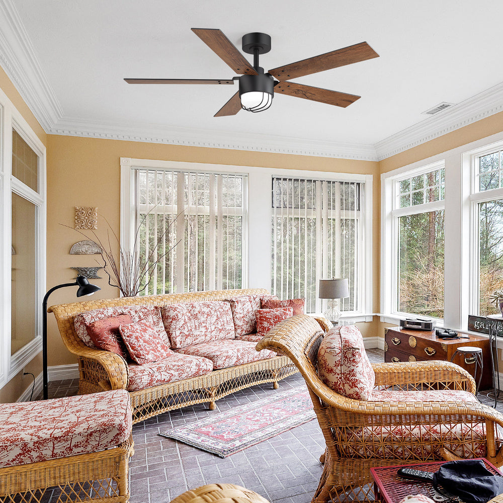 52 Inch Matte Black Ceiling Fan with Light and Remote, Industrial Caged Frosted Glass Shade, 18W LED 3CCT Lighting with Memory Function, 6-Speed Reversible Quiet DC Motor, Timer, 5 Dual-Finish Blades for Bedroom Living Room