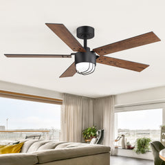 52 Inch Matte Black Ceiling Fan with Light and Remote, Industrial Caged Frosted Glass Shade, 18W LED 3CCT Lighting with Memory Function, 6-Speed Reversible Quiet DC Motor, Timer, 5 Dual-Finish Blades for Bedroom Living Room