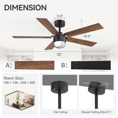 52 Inch Matte Black Ceiling Fan with Light and Remote, Industrial Caged Frosted Glass Shade, 18W LED 3CCT Lighting with Memory Function, 6-Speed Reversible Quiet DC Motor, Timer, 5 Dual-Finish Blades for Bedroom Living Room