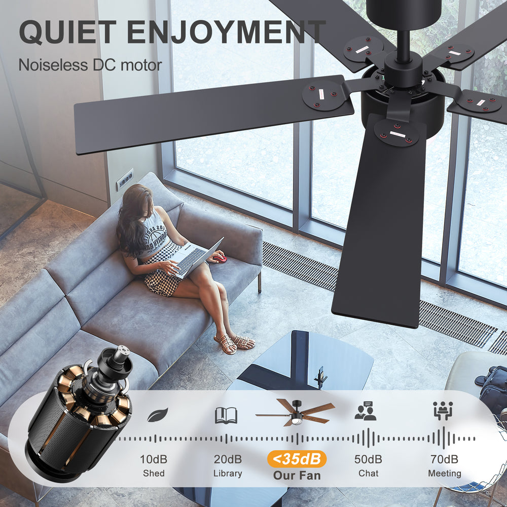 52 Inch Matte Black Ceiling Fan with Light and Remote, Industrial Caged Frosted Glass Shade, 18W LED 3CCT Lighting with Memory Function, 6-Speed Reversible Quiet DC Motor, Timer, 5 Dual-Finish Blades for Bedroom Living Room