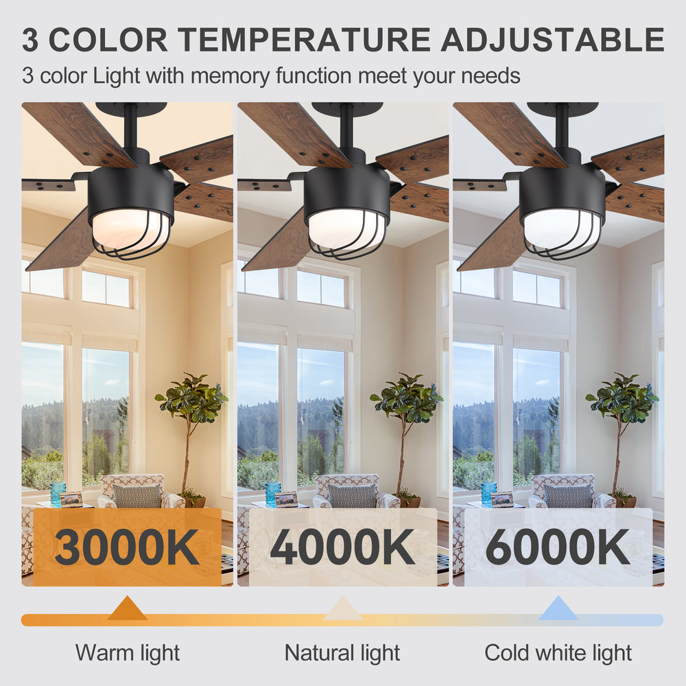 52 Inch Matte Black Ceiling Fan with Light and Remote, Industrial Caged Frosted Glass Shade, 18W LED 3CCT Lighting with Memory Function, 6-Speed Reversible Quiet DC Motor, Timer, 5 Dual-Finish Blades for Bedroom Living Room
