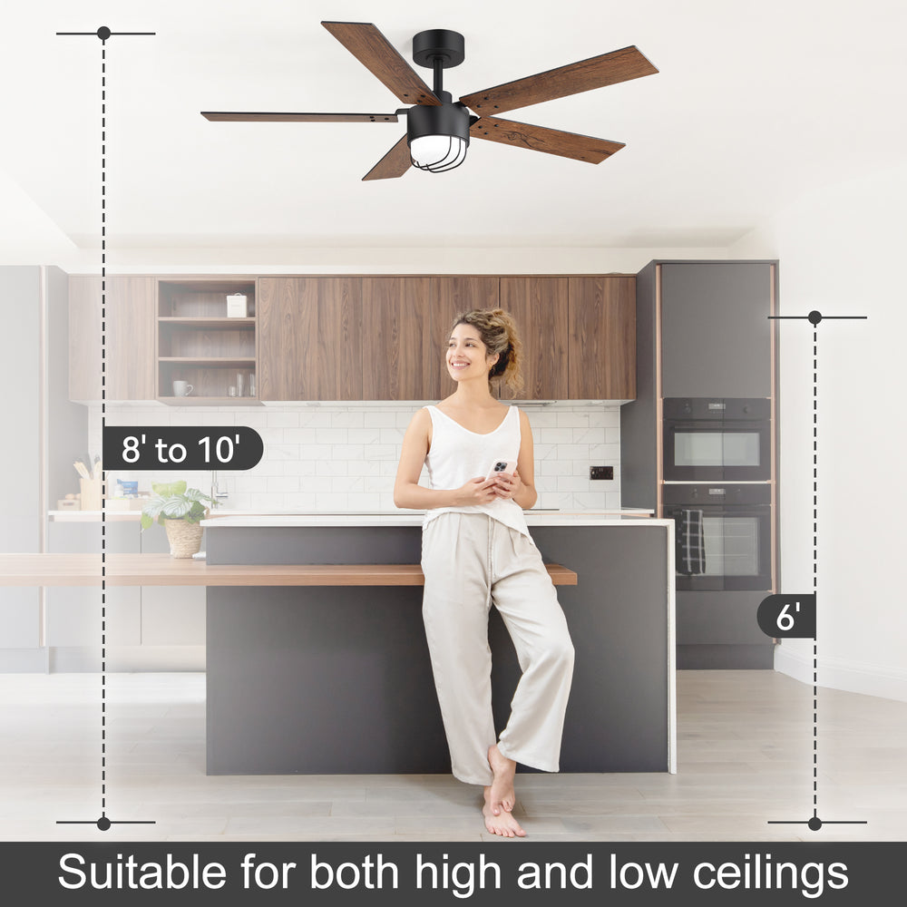 52 Inch Matte Black Ceiling Fan with Light and Remote, Industrial Caged Frosted Glass Shade, 18W LED 3CCT Lighting with Memory Function, 6-Speed Reversible Quiet DC Motor, Timer, 5 Dual-Finish Blades for Bedroom Living Room