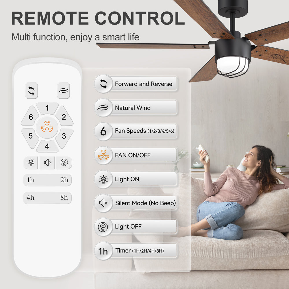 52 Inch Matte Black Ceiling Fan with Light and Remote, Industrial Caged Frosted Glass Shade, 18W LED 3CCT Lighting with Memory Function, 6-Speed Reversible Quiet DC Motor, Timer, 5 Dual-Finish Blades for Bedroom Living Room
