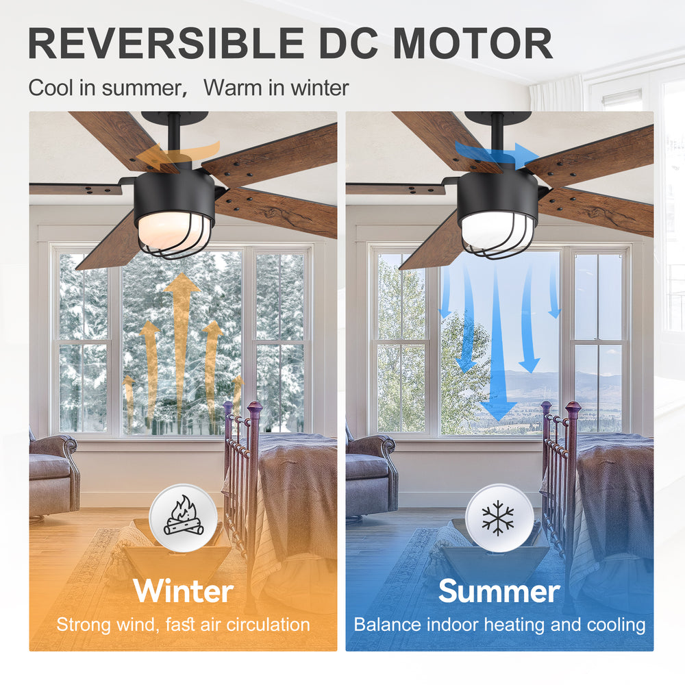 52 Inch Matte Black Ceiling Fan with Light and Remote, Industrial Caged Frosted Glass Shade, 18W LED 3CCT Lighting with Memory Function, 6-Speed Reversible Quiet DC Motor, Timer, 5 Dual-Finish Blades for Bedroom Living Room