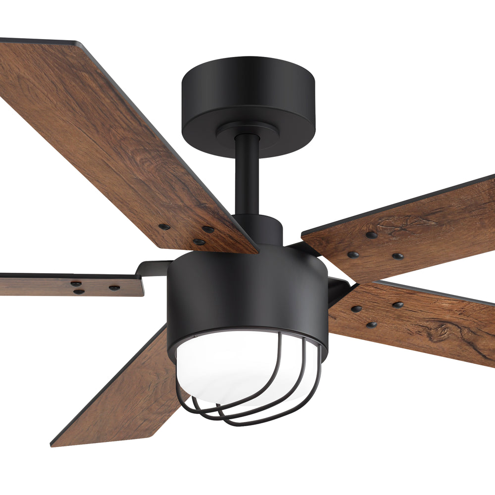 52 Inch Matte Black Ceiling Fan with Light and Remote, Industrial Caged Frosted Glass Shade, 18W LED 3CCT Lighting with Memory Function, 6-Speed Reversible Quiet DC Motor, Timer, 5 Dual-Finish Blades for Bedroom Living Room