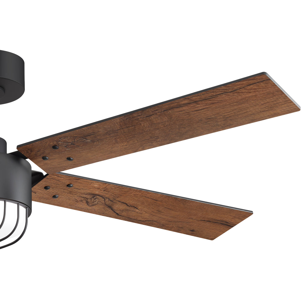52 Inch Matte Black Ceiling Fan with Light and Remote, Industrial Caged Frosted Glass Shade, 18W LED 3CCT Lighting with Memory Function, 6-Speed Reversible Quiet DC Motor, Timer, 5 Dual-Finish Blades for Bedroom Living Room