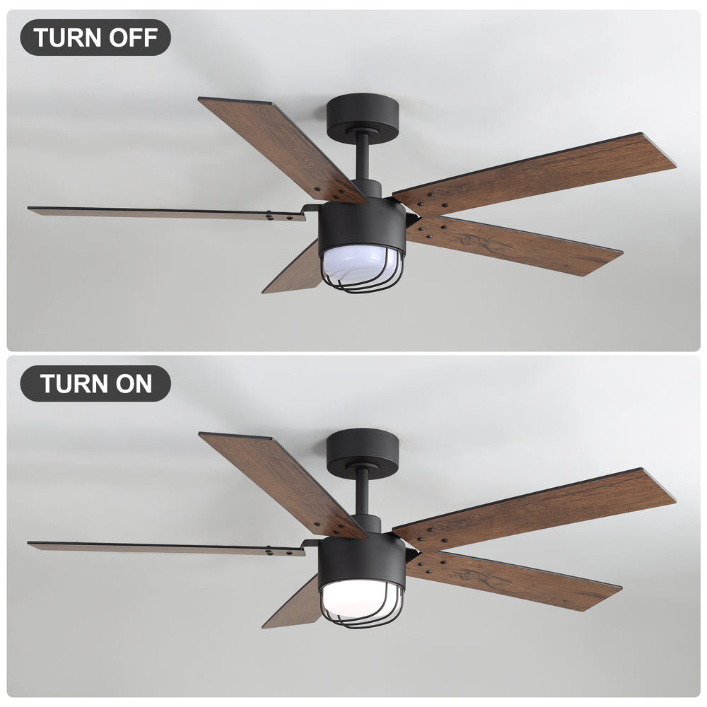 52 Inch Matte Black Ceiling Fan with Light and Remote, Industrial Caged Frosted Glass Shade, 18W LED 3CCT Lighting with Memory Function, 6-Speed Reversible Quiet DC Motor, Timer, 5 Dual-Finish Blades for Bedroom Living Room