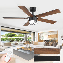 52 Inch Matte Black Ceiling Fan with Light and Remote, Industrial Caged Frosted Glass Shade, 18W LED 3CCT Lighting with Memory Function, 6-Speed Reversible Quiet DC Motor, Timer, 5 Dual-Finish Blades for Bedroom Living Room