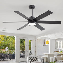 60-Inch Matte Black Ceiling Fan with Light, 5 Reversible Blades (Black/Wood Grain), Acrylic Lampshade,22W LED 3CCT (3000K/4000K/6000K) with Memory, 28W DC Motor, 6 Speeds, Remote with Timer (1/2/4/8H), Reversible Airflow, 6"&12" Downrods