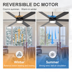 60-Inch Matte Black Ceiling Fan with Light, 5 Reversible Blades (Black/Wood Grain), Acrylic Lampshade,22W LED 3CCT (3000K/4000K/6000K) with Memory, 28W DC Motor, 6 Speeds, Remote with Timer (1/2/4/8H), Reversible Airflow, 6"&12" Downrods