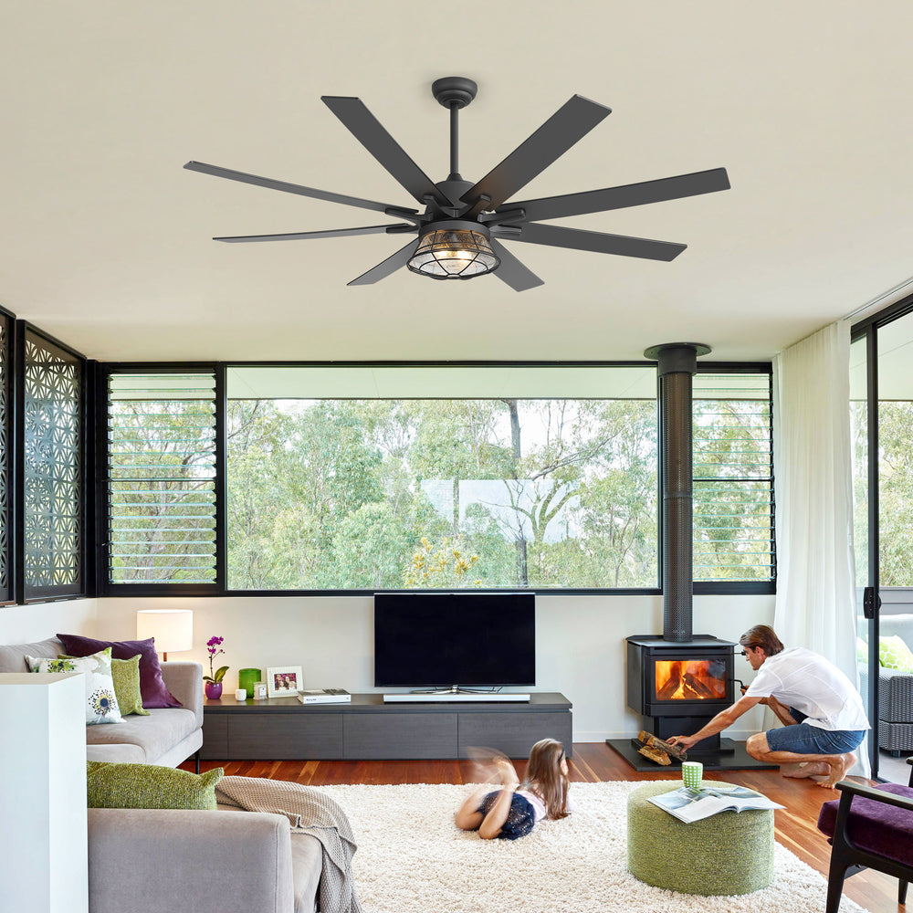 65-inch Industrial Seeded Glass Ceiling Fan with Light Kit & Remote, Includes 6" & 12" Downrods, 8 Reversible Black/Walnut Finish Blades, DC Motor, Compatible with 2*E26 Base Bulbs (Not Included)