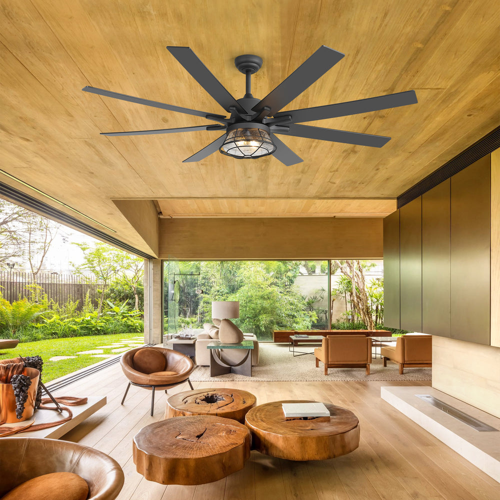 65-inch Industrial Seeded Glass Ceiling Fan with Light Kit & Remote, Includes 6" & 12" Downrods, 8 Reversible Black/Walnut Finish Blades, DC Motor, Compatible with 2*E26 Base Bulbs (Not Included)